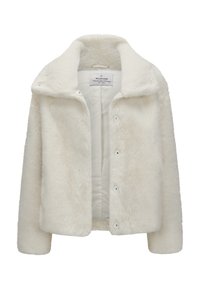 Weißer Kunstpelzmantel mit weicher Textur, Knopfverschluss und breitem Kragen. Hat ein schlichtes Innenfutter und eine leicht verkürzte Silhouette.