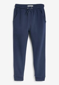 Navy blue sweatpants valmistettu pehmeästä kankaasta, jossa on joustava vyötärö nauhalla, kaksi sivutaskua ja ribbaus nilkoissa.