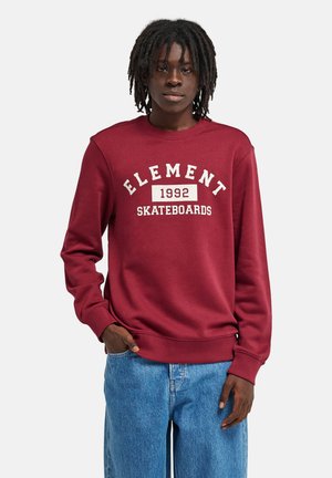 Jonge zwarte persoon met halflange dreadlocks, die een rood sweatshirt draagt met de tekst "ELEMENT 1992 SKATEBOARDS" en een blauwe spijkerbroek.
