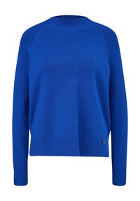 Niebieski sweter z dzianiny o okrągłym dekolcie, z prążkowanymi mankietami i dołem, z charakterystycznym szwem oraz małym okrągłym logo po boku.