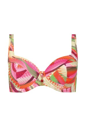 Wielokolorowy biustonosz z geometrycznym wzorem w odcieniach różu, zieleni i pomarańczy. Posiada złoty akcent z czerwonym koralikiem na środku.