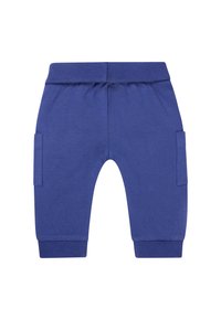 Pantalons de jogging en coton bleu avec poches latérales, taille élastique et poignets côtelés. Texture lisse et design de jambe fuselée.