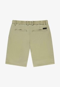 Beige shorts met een elastische tailleband, voorzien van twee achterzakken en gestikte details. Glad van textuur met een minimalistisch ontwerp.