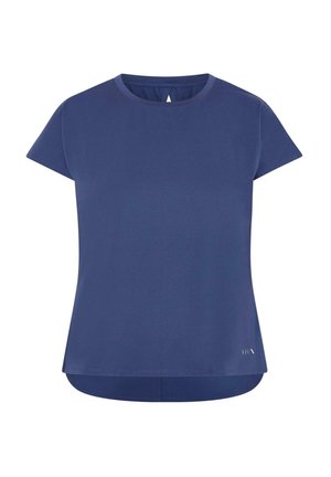 Donkerblauwe short-sleeve top met een ronde halslijn, licht gebogen zoom en een keyhole-detail aan de achterkant, gemaakt van een gladde stof.