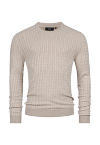 Maglione beige lavorato a maglia con un design a trecce testurizzate, scollatura rotonda e polsini e orlo a coste. Realizzato in un materiale morbido e leggero.