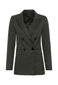 Olivově zelený dvouřadý blazer vyrobený z hladké tkaniny, s dvěma předními kapsami, límcem a detaily z černých knoflíků.