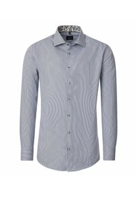 Langslapige slim-fit overhemd met dunne blauwe en witte strepen, bloemenmotief aan de binnenkant van de kraag en voorste knopen.