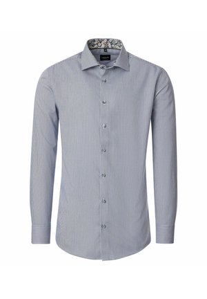 Langarm-Hemd mit slim-fit Schnitt, feinen blauen und weißen Streifen, floralem Innenkragen und Vorderknöpfen.