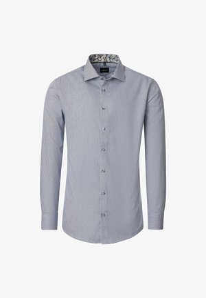 Langarm-Hemd mit slim-fit Schnitt, feinen blauen und weißen Streifen, floralem Innenkragen und Vorderknöpfen.