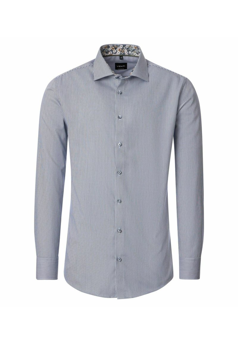Langslapige slim-fit overhemd met dunne blauwe en witte strepen, bloemenmotief aan de binnenkant van de kraag en voorste knopen.