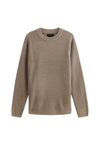  pull en tricot beige avec une texture côtelée, col rond et manches raglan. Présente une coupe décontractée et sans fermetures visibles.