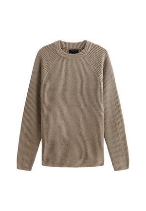 Maglione beige lavorato a maglia con texture a coste, scollo rotondo e maniche a raglan. Presenta un fit rilassato e nessuna chiusura visibile.