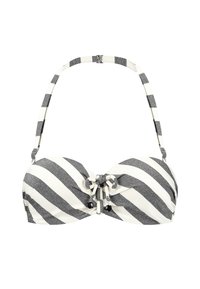 Pruhovaný bikiny top v černé a bílé barvě, s bandeau designem, texturovaným materiálem, svázaným středovým detailem a nastavitelními ramínky.