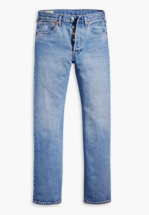 Lysblå denimjeans med lige ben, fem-knaps lukning, bæltestropper og subtilt slid. Har to forlommer og kobbernitter.