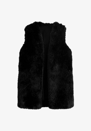 Crni vest od umjetnog krzna s mekom, teksturiranom površinom. Dizajn s otvorenim prednjim dijelom, bez rukava, s visokim ovratnikom. Bez vidljivih metalnih dijelova ili ukrasa.