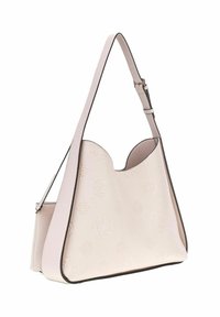Borsa a spalla in pelle rosa chiaro con motivo logo embossato, parte superiore arrotondata e bordi scuri a contrasto. Tracolla regolabile per maggiore versatilità.