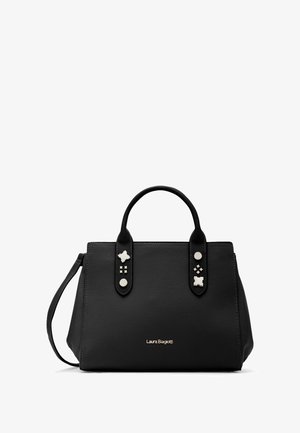 Borsa a mano in pelle nera con due manici, borchie decorative argentate e logo "Laura Biagiotti" sul davanti, su sfondo bianco.
