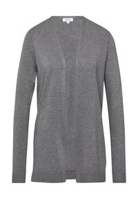 Grijze gebreide cardigan met een V-hals, lange mouwen en ribbels aan de cuffs. Lichtgewicht materiaal met een zachte textuur en zijsplitten.