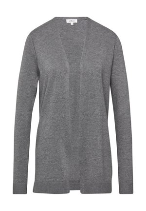 Grijze gebreide cardigan met een V-hals, lange mouwen en ribbels aan de cuffs. Lichtgewicht materiaal met een zachte textuur en zijsplitten.