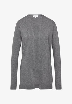 Gray knitted cardigan with a V-neckline, long sleeves, and ribbed cuffs. Lightweight material with a soft texture and side slits.