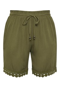 Olivgröna shorts gjorda av lättviktsmaterial, med dragsko i midjan och vågformig spetsdetalj vid fållen.