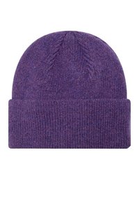 Berretto di lana viola lavorato a maglia con una consistenza morbida, caratterizzato da un bordo arrotolato. La parte superiore presenta un sottile motivo di cuciture, evidenziando un design accogliente e caldo.