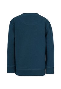 Mörkblå sweatshirt med rund halsringning, l�ånga ärmar och ribbade muddar och nederkant. Slät tyg med inga synliga mönster eller detaljer.