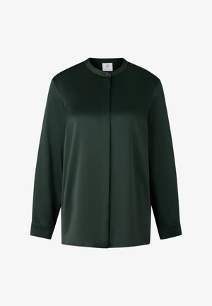 Dunkelgrünes Langarmshirt mit rundem Ausschnitt und einem Knopfverschluss. Hergestellt aus einem glatten Stoff mit halbmattem Finish.