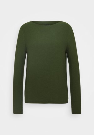 Dunkelgrüner, langärmliger Pullover mit gerippter Textur und rundem Halsausschnitt. Hat eine leicht lockere Passform, und der Saum ist unten gerade.