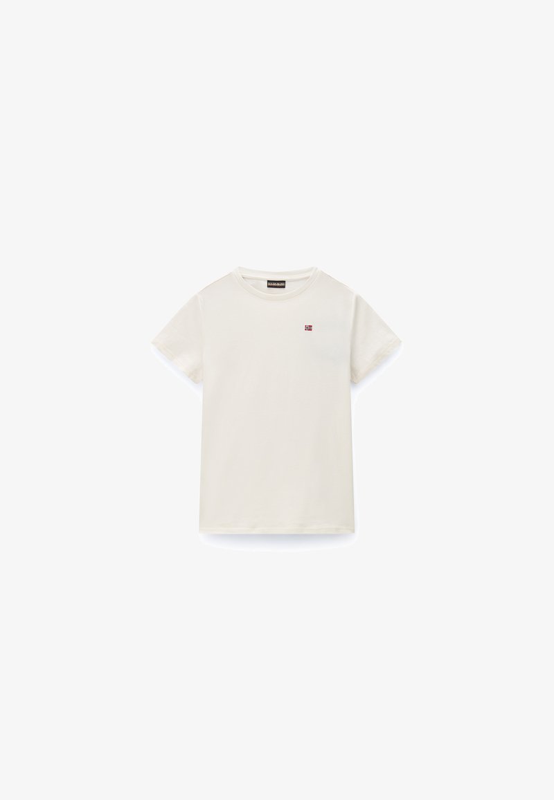Λευκό κοντομάνικο T-shirt με στρογγυλή λαιμόκοψη και μικρό κόκκινο και μπλε ορθογώνιο λογότυπο στην αριστερή πλευρά του στήθους.