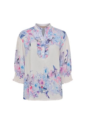 Hvid bluse med pastel blomster- og kolibriprint, flæsekrave, knappelukning foran og 3/4 pufærmer med smockede manchetter.