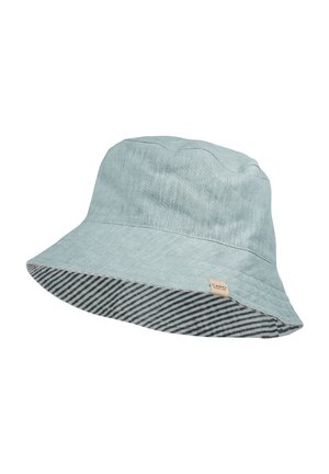 Light blue bucket hat with wide brim showing black and white striped underside and small beige brand label on side.