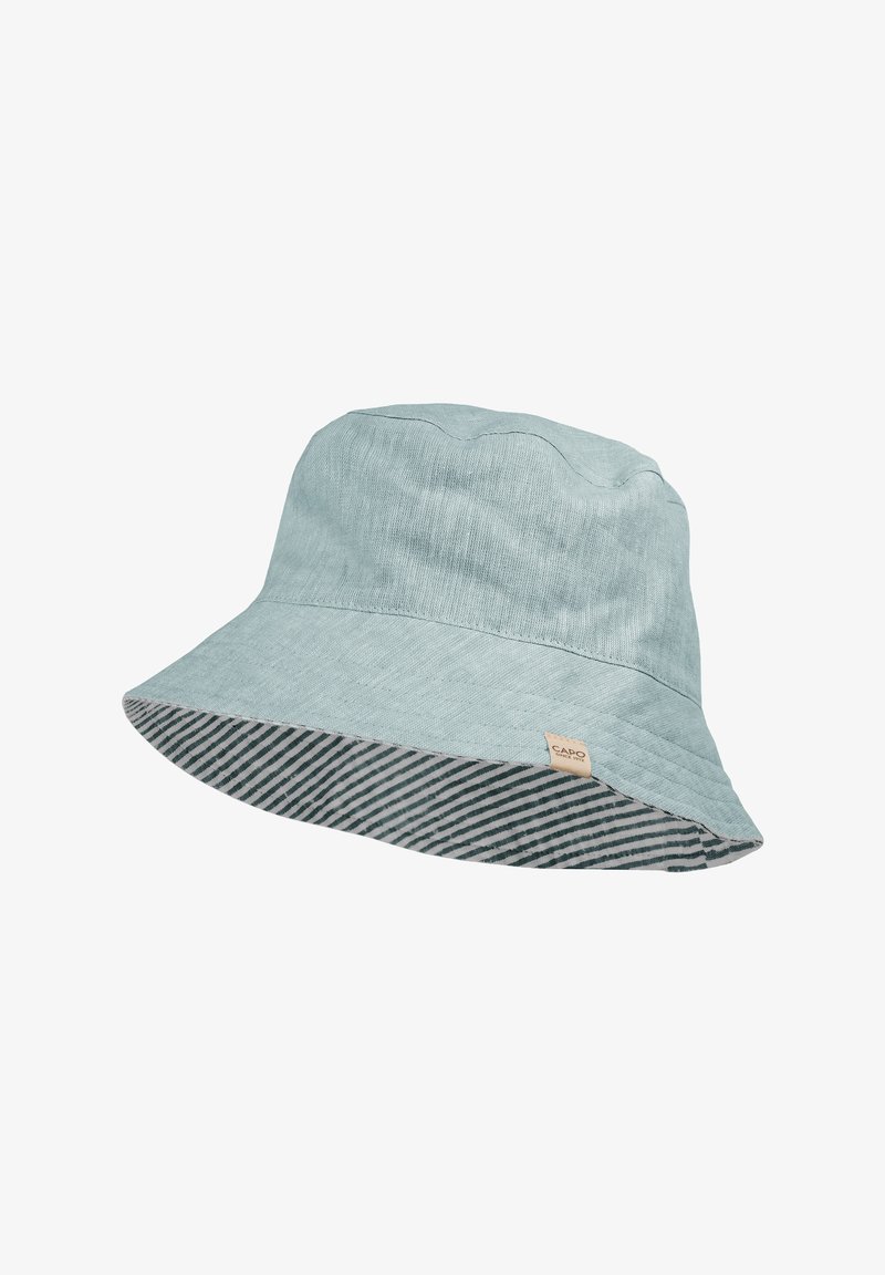 Light blue bucket hat with wide brim showing black and white striped underside and small beige brand label on side.
