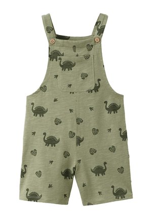 Zelené krátke detské nohavice na traky s hnedými gombíkmi, s tmavozelenými potlačami dinosaurov a listov.