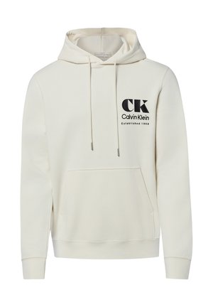 Cremafarbener Hoodie mit Fronttasche und schwarzem Calvin Klein Logo sowie Schriftzug auf der linken Brust, mit Kordelzug an der Kapuze.