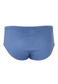 Maillot de bain bleu avec un motif géométrique blanc. Tissu extensible à texture lisse, présentant une coupe taille mi-haute et une ceinture cousue.