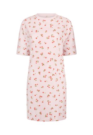 Light pink short-sleeve dress with a round neckline and scattered red cherry print with green stems.