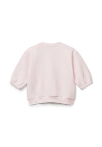 Světlý růžový, oversized svetr s kulatým výstřihem, elastickými manžetami a žebrovaným spodním lemem. Hladká textura, ležérní design. Pohled ze zad.