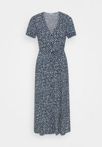 Blumenkleid mit navy Hintergrund und hellblauen Mustern. Kurzärmlig, mit V-Ausschnitt und Bindegürtel in der Taille. Midi-Länge und weicher Stoff.