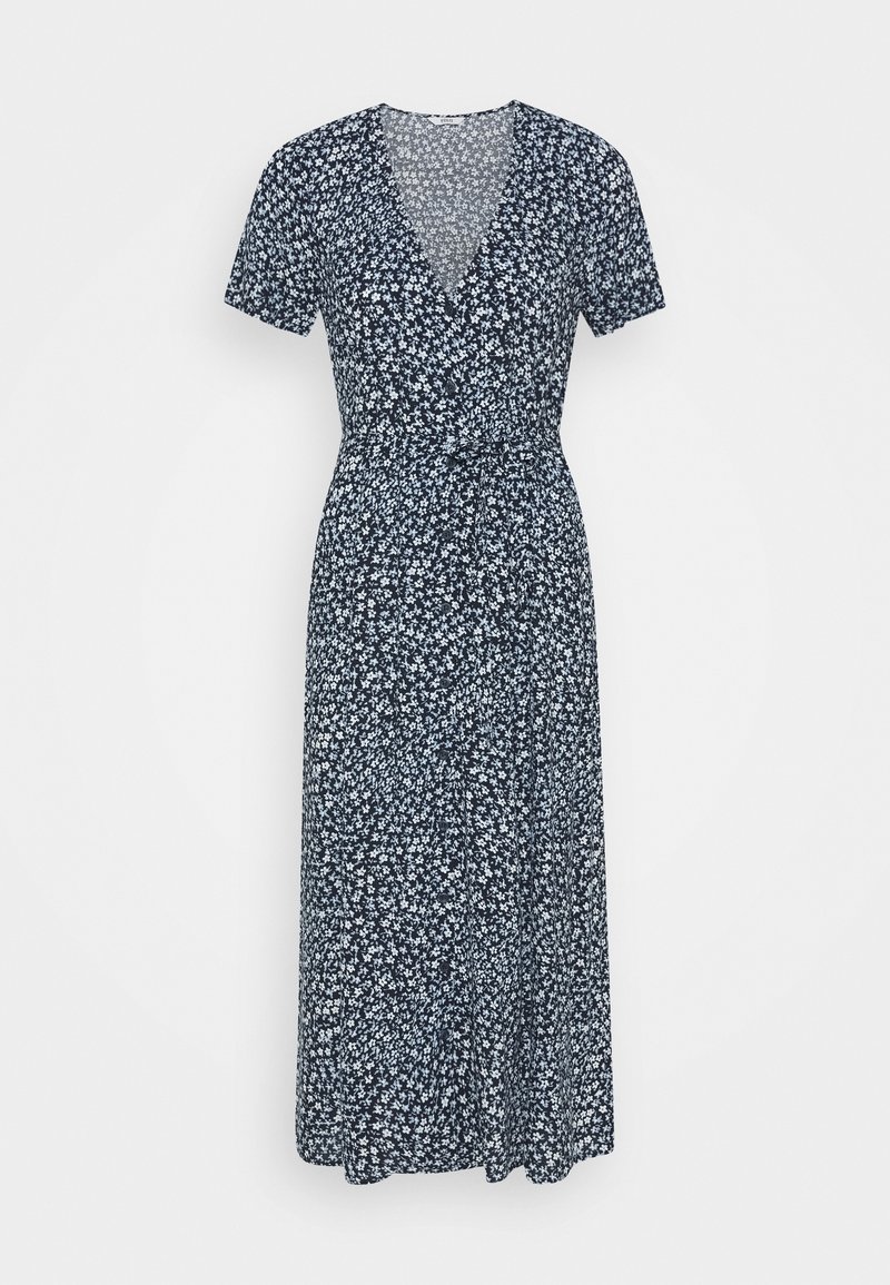 Blumenkleid mit navy Hintergrund und hellblauen Mustern. Kurzärmlig, mit V-Ausschnitt und Bindegürtel in der Taille. Midi-Länge und weicher Stoff.