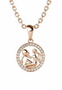 Il pendente in oro rosa presenta un design intrecciato con due figure, circondate da un anello di piccole gemme trasparenti. La catena è a maglie.