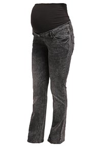 Jeans premaman in denim nero sbiadito con un pannello elastico nero in vita. Presenta gambe dritta e design classico a cinque tasche.