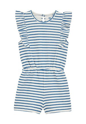Gioco di colore a righe con righe orizzontali blu e bianche, tessuto morbido, maniche corte arricciate, vita elastica e chiusura con bottoni sul retro.