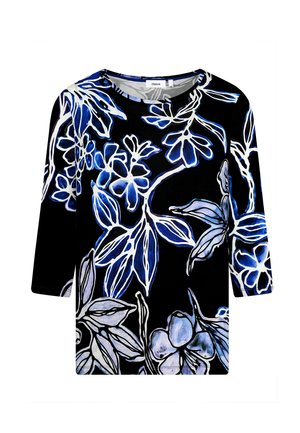 Floral-patterned black top featuring blue and white flowers, a round neckline, and three-quarter sleeves. Soft fabric with a relaxed fit.
