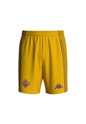 Pantaloncini sportivi gialli con logo Kappa viola e un emblema fleur-de-lis viola, con doppie strisce viola ai lati.