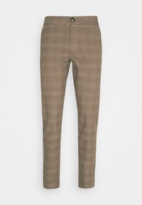 Pantalons à carreaux bruns avec une coupe slim, fermeture à bouton sur le devant et texture lisse. Accentués d'un motif à carreaux classique sur l'ensemble.