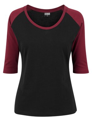 T-shirt raglan nero e bordeaux con colletto arrotondato e maniche a tre quarti, realizzato in un tessuto morbido. Logo Urban Classics visibile all'interno.