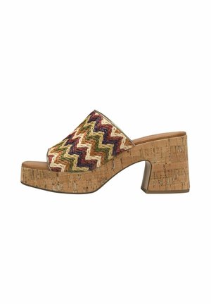 Splecione klapki na platformie z korka z wielokolorowym wzorem w zygzaki, blokowym obcasem i otwartym noskiem; teksturowana cholewka.