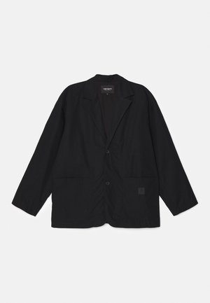 Black jacket featuring a collar, two front pockets, and a single button closure. Made from lightweight fabric with a relaxed fit.