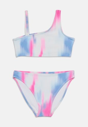 Two-piece swimsuit with pink, blue, and white tie-dye pattern; asymmetrical one-shoulder top and matching bikini bottoms.